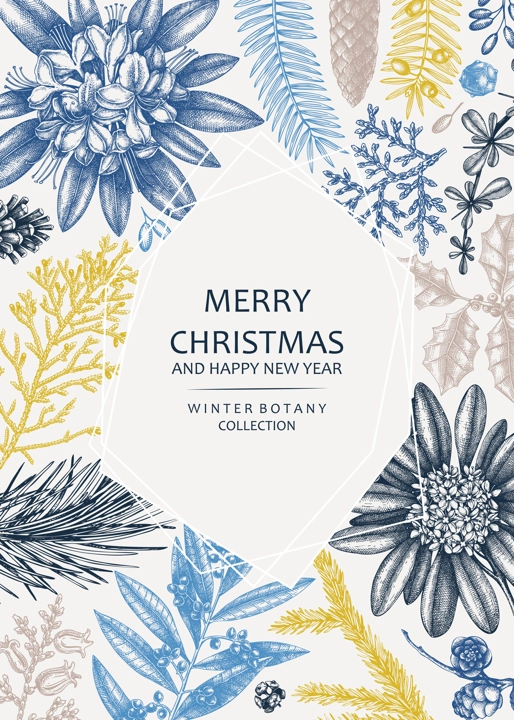 Christmas greeting card or invitation design in color. Vector frame with hand drawn winter flowers, conifers and evergreen plants. Vintage botanical background. Christmas template.  